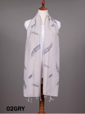 Feather Print Tassels Fashion Scarf W/ Pearl